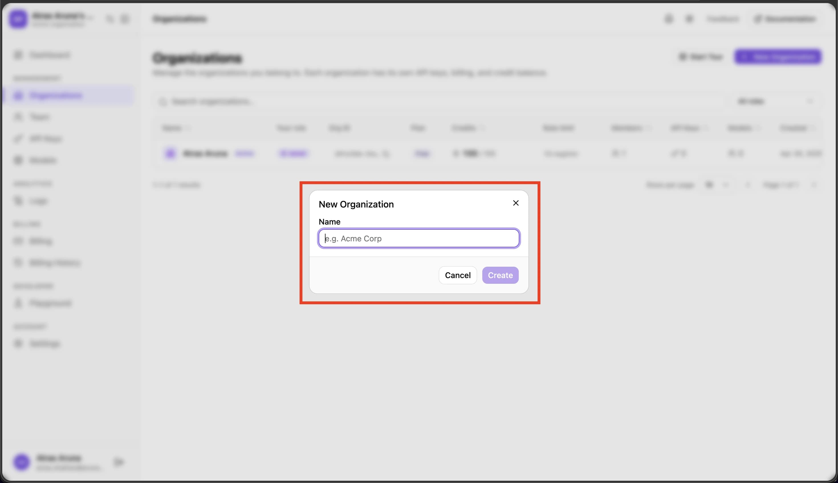 New Organization form with name field