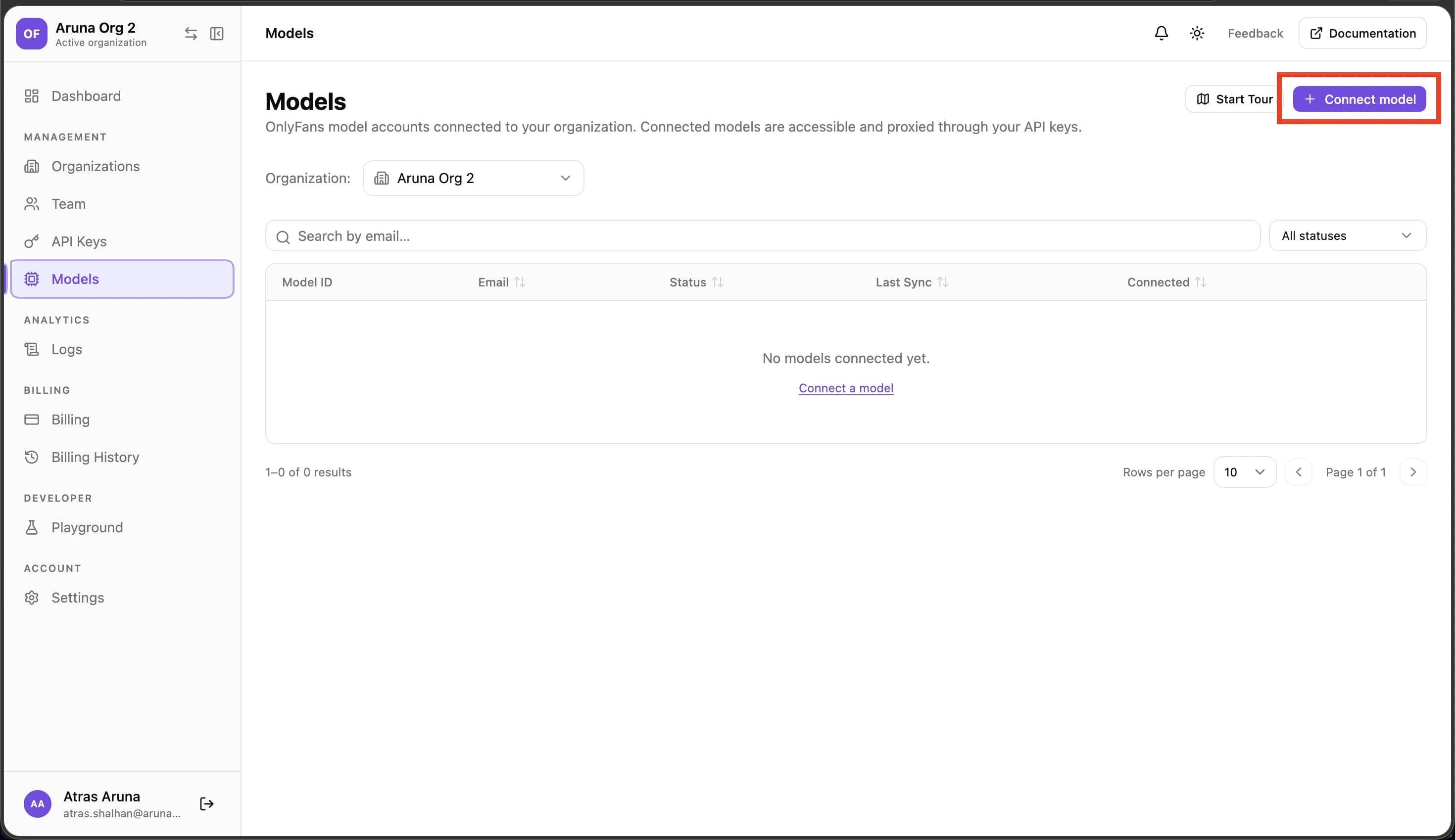 Models page with Connect model button highlighted