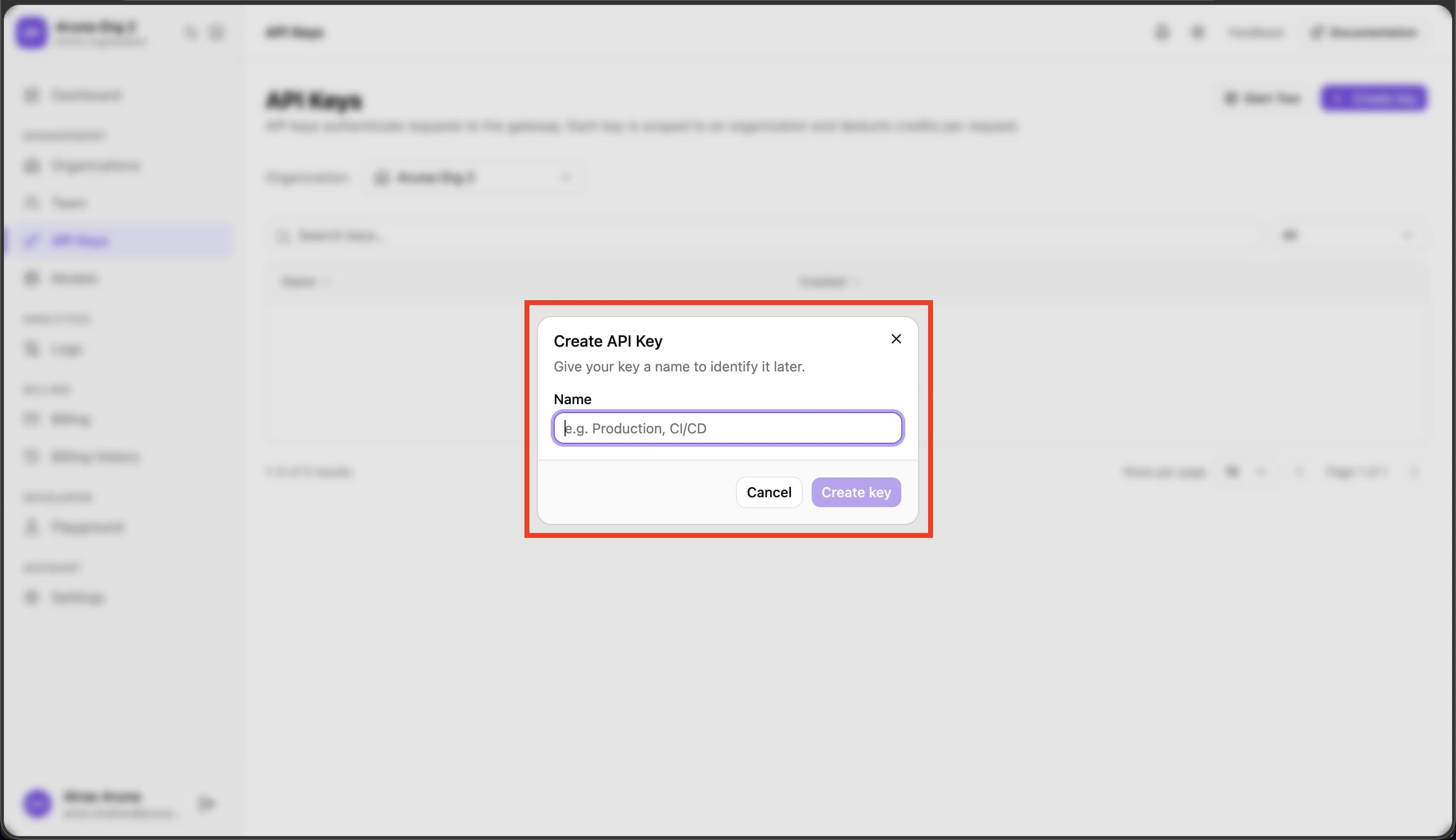 Create API Key form with name field